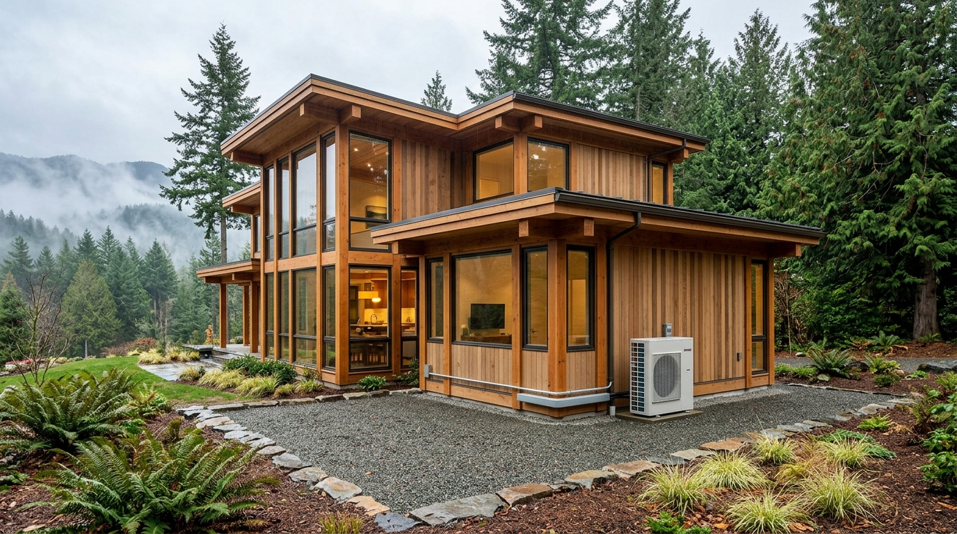 Modern Pacific Northwest home with outdoor heat pump installation